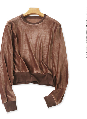 丝绒卫衣 春秋新外贸女装时尚减龄圆领套头长袖纯色短款上衣27235