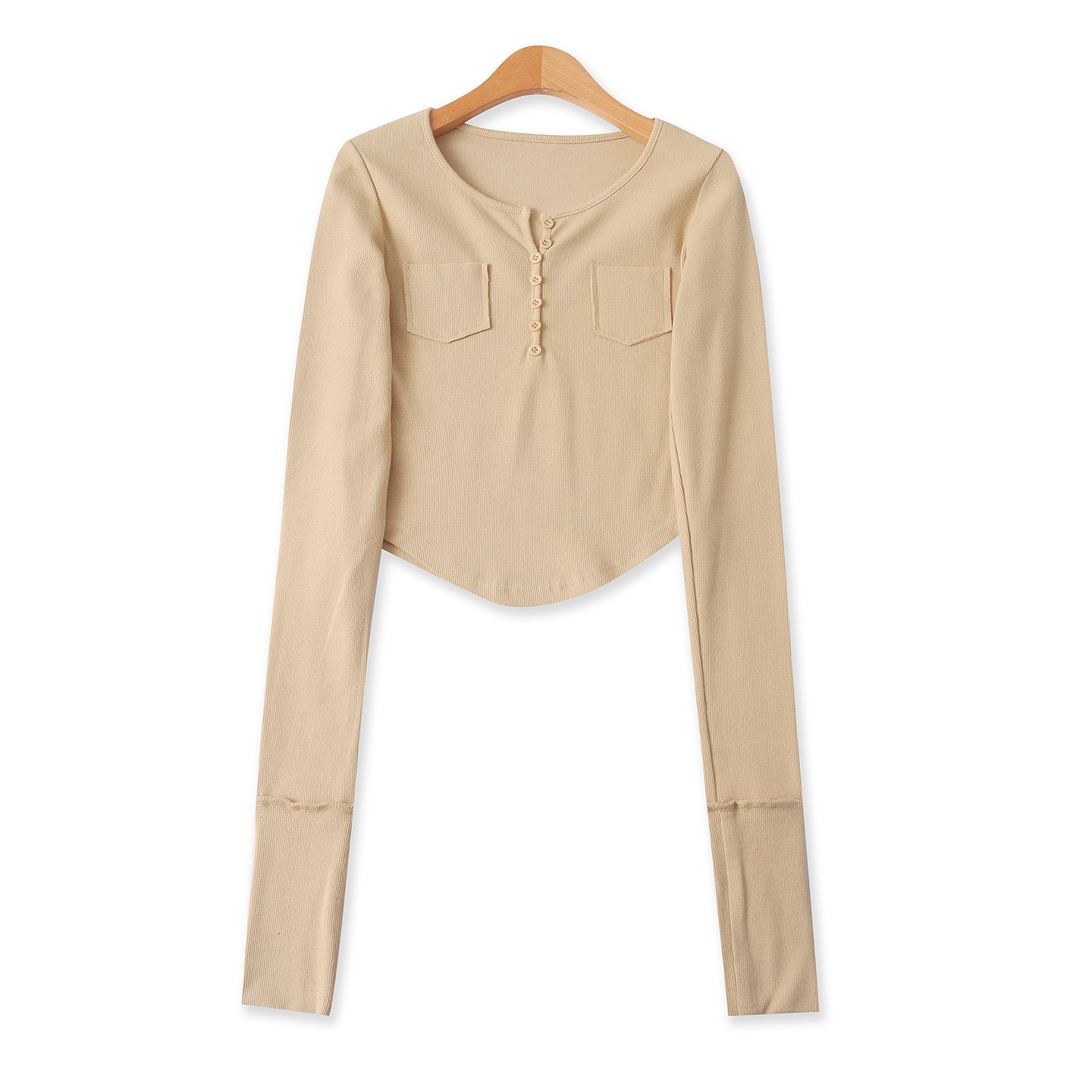 棉混纺打底T恤 春秋新款女时尚修身V领纽扣套头长袖内搭外穿33046