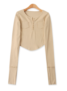 棉混纺打底T恤 春秋新款女时尚修身V领纽扣套头长袖内搭外穿33046