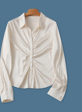 仿真丝衬衫 春秋新款外贸女装翻+V领单排扣长袖显瘦褶皱衬衫30461