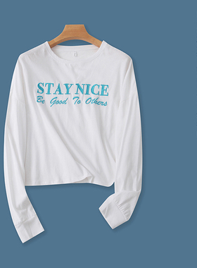 大码字母棉T恤  春秋新款外贸女装韩版宽松圆领套头长袖T恤25743