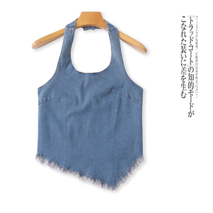 外贸女装 新款 欧美风挂脖摁扣露背套头上衣32223 夏季 挂脖牛仔背心