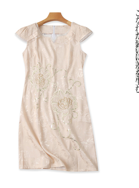 中式改良款旗袍 夏新女装套头短袖包臀短裙刺绣亮片提花礼服29314