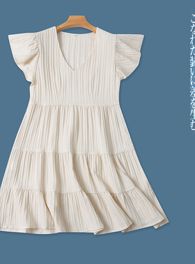 连衣裙  夏季新外贸女装时尚V领套头荷叶短袖褶皱拼接蛋糕裙30570