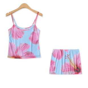 吊带背心 辣妹装 包臀短裙 外贸时尚 33640 夏新款 纱网印花面膜套裙