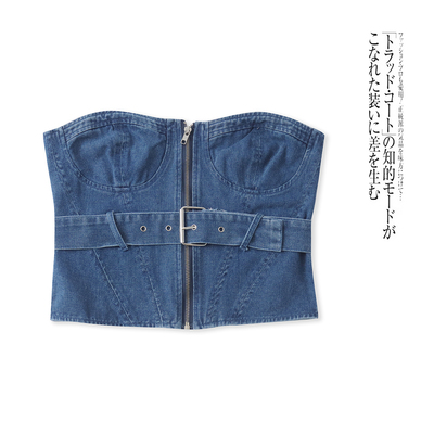 牛仔抹胸 夏季新款外贸女装时尚修身松紧褶皱拼接腰带配饰31817