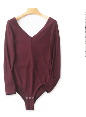 T恤连体衣  春秋新款外贸女装修身V领长袖三粒扣打底定位衣28086