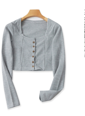 华夫格短款棉T恤  春秋新款外贸女装时尚圆领单排扣长袖T恤27822