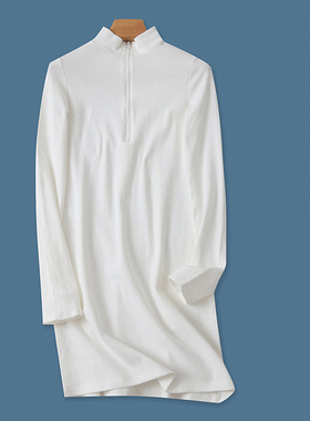 螺纹棉T恤连衣裙  秋新外贸女装修身半高领拉链长袖内搭外穿26484