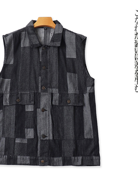 拼色格子牛仔马甲 男女款夏秋新外贸翻领单排扣宽松休闲马甲31421