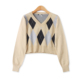 V领套头长袖 菱形格毛衣 时尚 外贸女装 小学院风毛衣33148 春秋新款