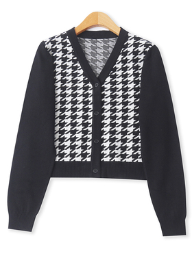千鸟格开衫毛衣  秋季新款外贸女时尚V领单排扣长袖显瘦毛衣32755