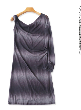 渐变露肩纱网连衣裙 夏新款外贸女不规则领套头长袖包臀短裙31644