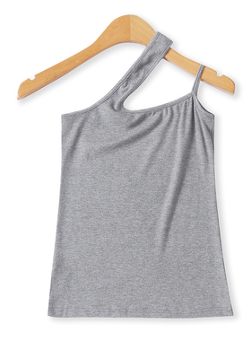 单肩螺纹棉背心 夏秋新款外贸女装单肩镂空斜领套头内搭外穿32673