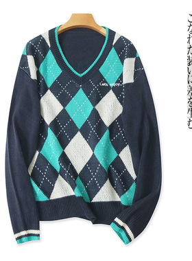 提花菱形格毛衣  秋冬新款女装时尚V领套头长袖撞色拼接毛衣29296