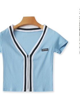 针织拼色T恤  夏季新款女装时尚修身V领拉链短袖短款开衫T恤27991