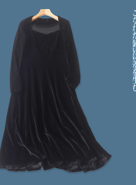 金丝绒连衣裙  秋新女装时尚减龄法式领套头长袖弹力中长裙29953