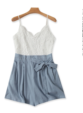 吊带连体衣 夏新外贸女吊带可调节蕾丝露背钩花拼接阔腿短裤30455