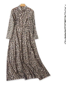 豹纹雪纺连衣裙 夏季新款外贸女装时尚立领套头长袖显瘦长裙31234