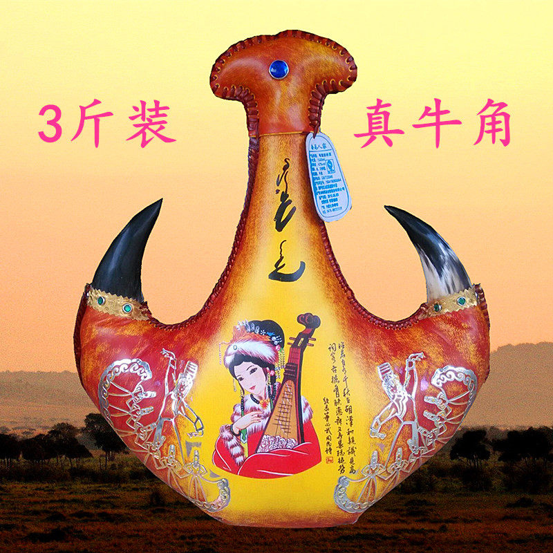 内蒙古赤峰套马人家酒内蒙奶酒42度奶香型奶酒真牛角3斤皮壶酒