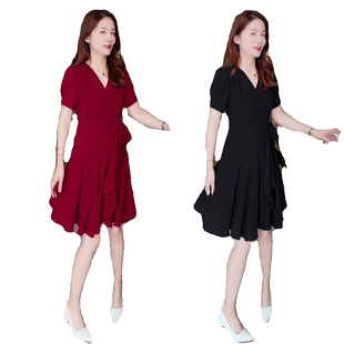 时尚气质V领连衣裙女夏季2025新款小个子中长款收腰显瘦纯色裙子