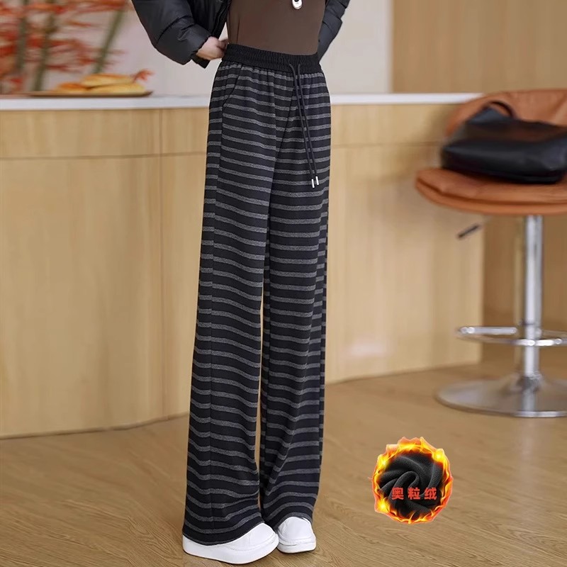 条纹阔腿裤女加绒加厚秋冬季