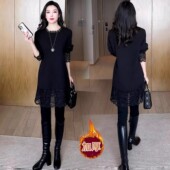 打底衫 女秋冬季 2025新款 黑色蕾丝拼接长袖 中长款 加厚保暖内搭上衣