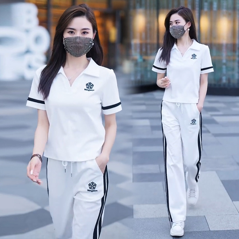 夏季薄款休闲运动服套装女小个子短袖长裤2023年新款阔腿裤两件套