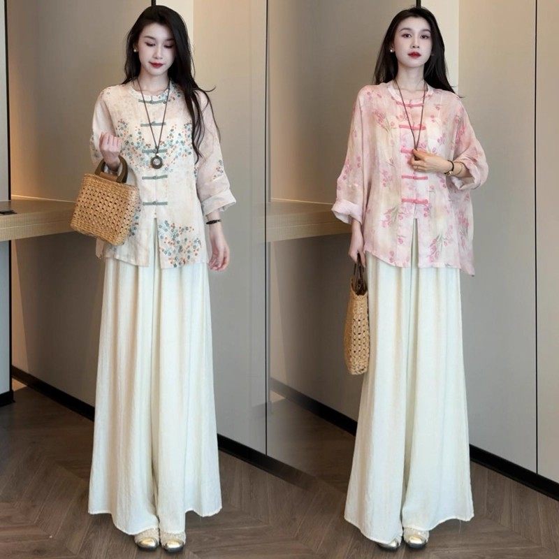 新中式国风套装女早秋2025新款时尚气质宽松盘扣衬衫阔腿裤两件套,女装/女士精品,时尚套装,淘宝优惠券,粉丝福利购,淘宝优惠卷