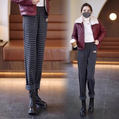 加绒格子休闲裤女士秋冬季
