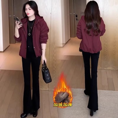 加绒加厚连帽外套女秋冬季