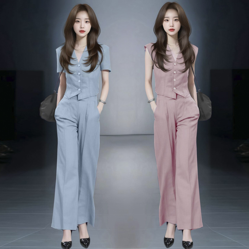 时尚套装女2025夏季新款洋气质减龄V领短袖上衣阔腿裤休闲两件套