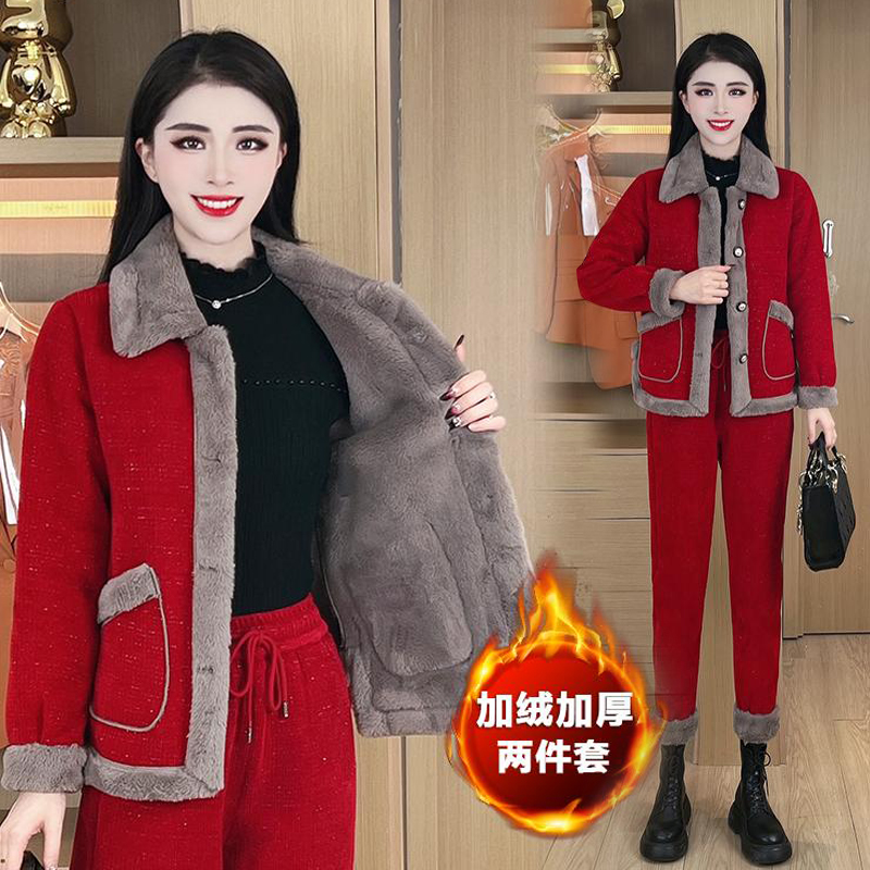 冬季加绒加厚休闲运动服套装女士2025今年流行新款时尚洋气两件套