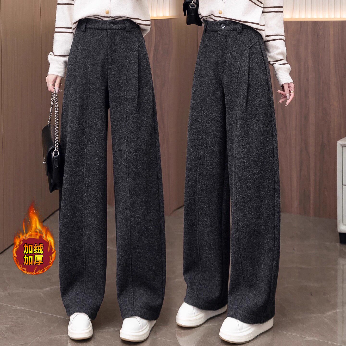 加绒羊毛呢弯刀裤女秋冬季2025新款加厚保暖深灰色休闲窄版阔腿裤,女装/女士精品,休闲裤,淘宝优惠券,粉丝福利购,淘宝优惠卷