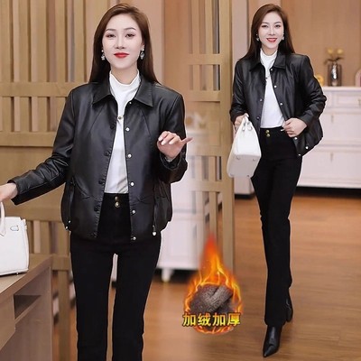 加绒皮衣外套女秋冬季