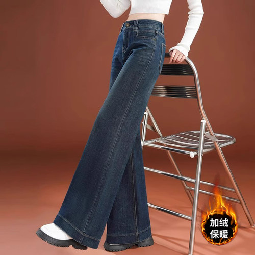 加绒直筒牛仔裤女秋冬季