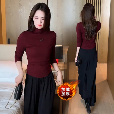 加绒加厚半高领打底衫女秋冬