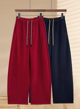 加绒弯刀卫裤女冬季2025新款高腰宽松显瘦香蕉裤红色休闲运动裤子