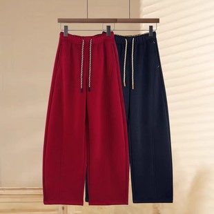 加绒弯刀卫裤女冬季2025新款高腰宽松显瘦香蕉裤红色休闲运动裤子