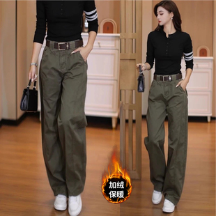 加绒加厚阔腿休闲裤 军绿色弯刀工装 今年流行爆款 女秋冬2025新款 裤