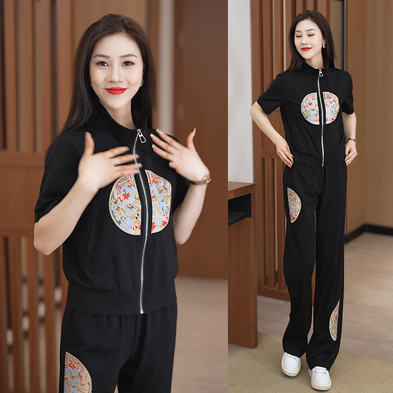 夏季短袖卫衣运动套装女2025新款时尚休闲新中式国风阔腿裤两件套