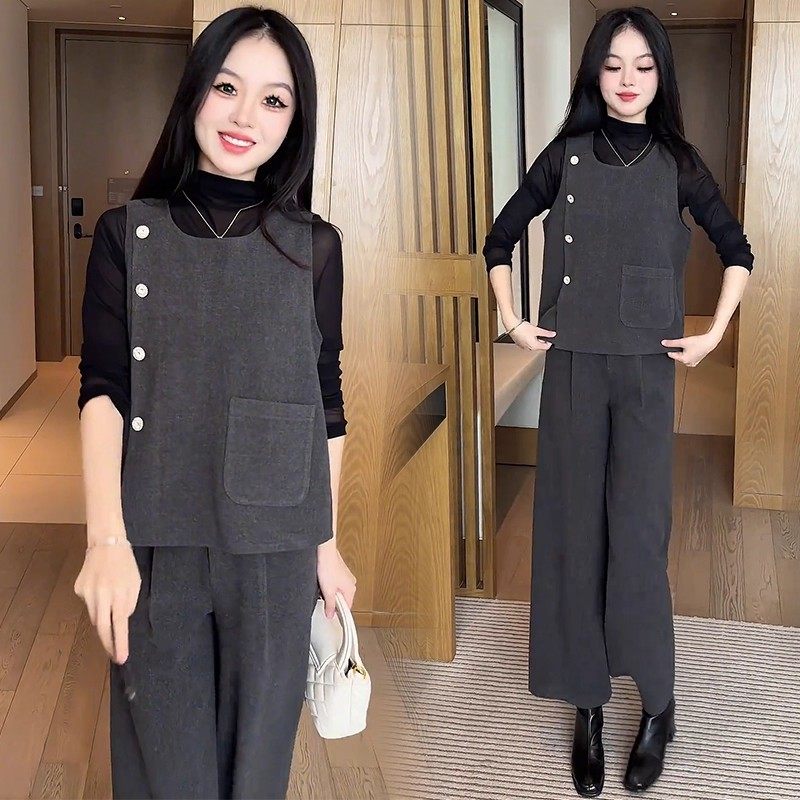 高级感时尚套装女秋冬季2025新款超火毛呢马甲打底衫阔腿裤三件套,女装/女士精品,时尚套装,淘宝优惠券,粉丝福利购,淘宝优惠卷