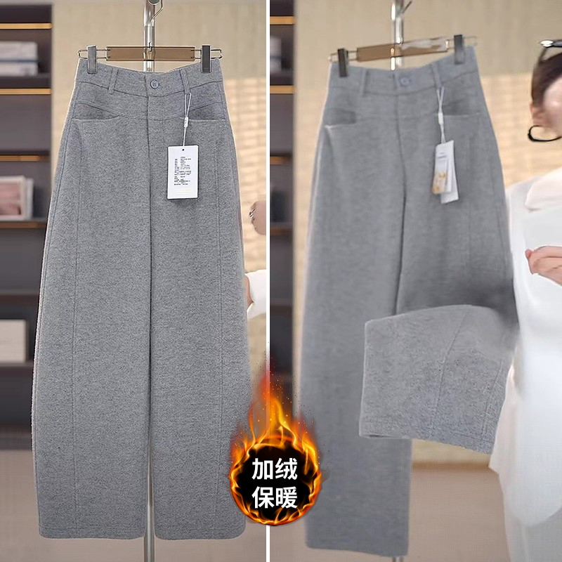 浅灰色羊毛呢弯刀裤女秋冬季