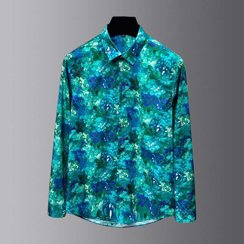 极简风翻领长袖衬衫男修身商务休闲小鸟刺绣轻奢男装