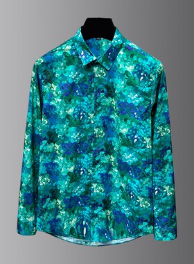 极简风翻领长袖衬衫男修身商务休闲小鸟刺绣轻奢男装