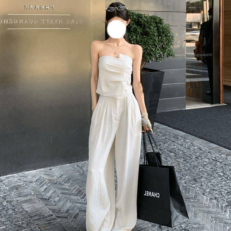 法式性感辣妹不规则褶皱裹胸上衣夏季白色肌理高腰阔腿西裤套装女