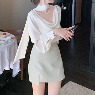 气质飘带泡泡袖缎面白衬衫女2026春季新款设计感小众长袖别致上衣