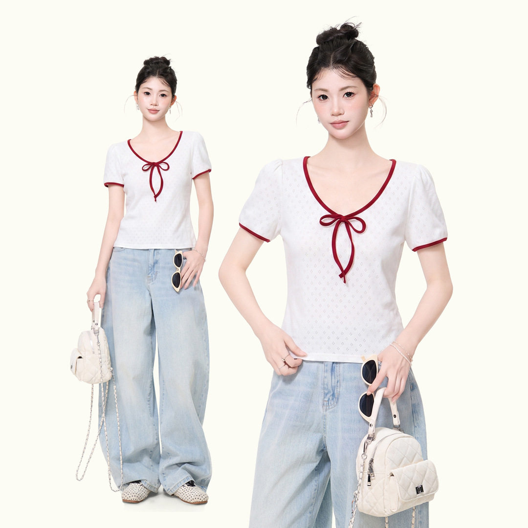 韩系白色小众撞色V领短袖T恤女夏季新款修身显瘦设计感百搭小上衣