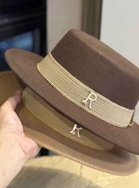 R子母秋冬羊毛呢法式名媛白色平顶礼帽女英伦复古赫本爵士帽子潮