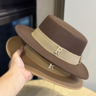 R子母秋冬羊毛呢法式名媛白色平顶礼帽女英伦复古赫本爵士帽子潮
